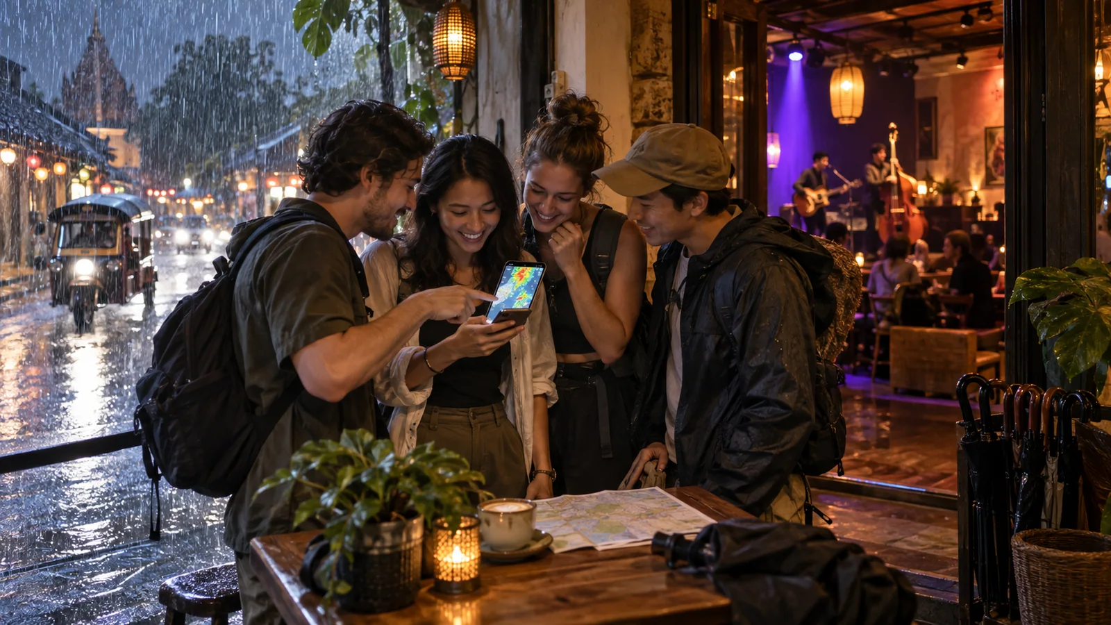Friends revise an evening plan inside a Chiang Mai cafe while heavy rain falls outside.